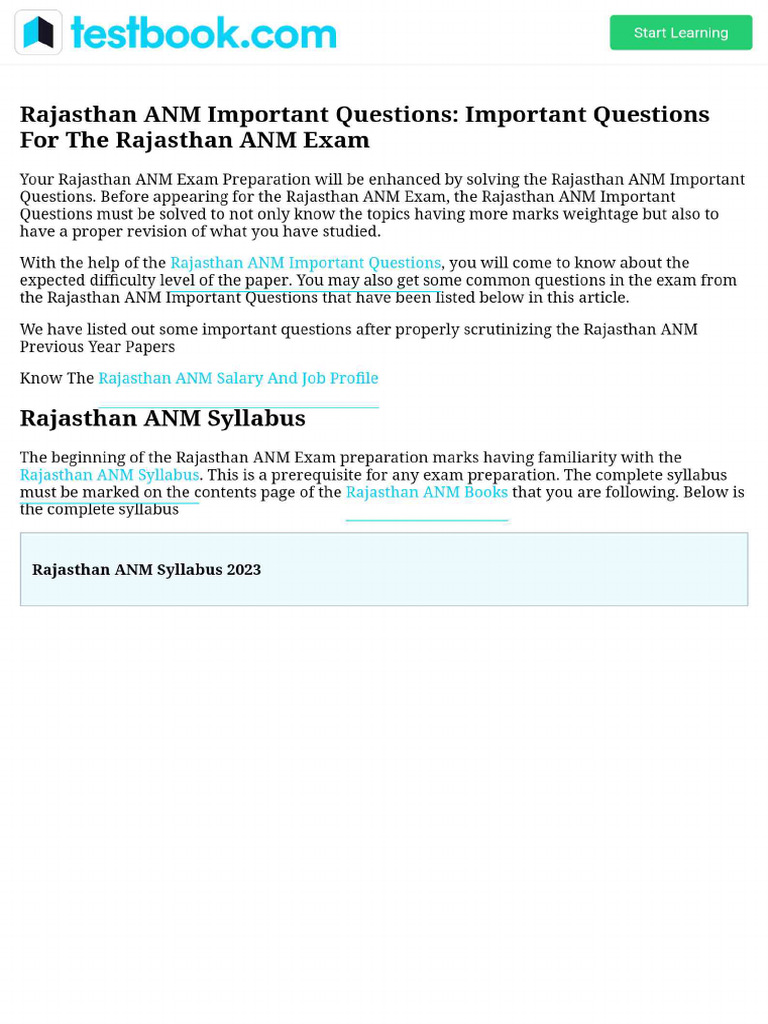 Rajasthan ANM Important Questions - Important Questions For The ...