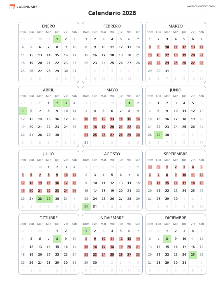 Calendario 2026 para Imprimir Calendarr B PDF Fiestas cristianas