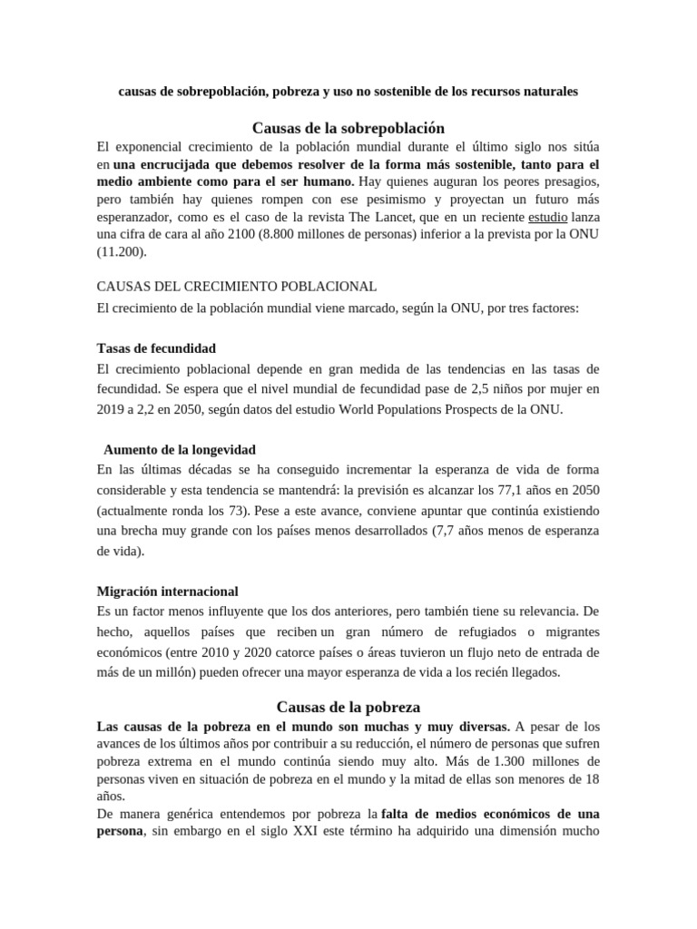 Causas de sobrepoblación y pobreza global | PDF | Pobreza | Pobreza e ...