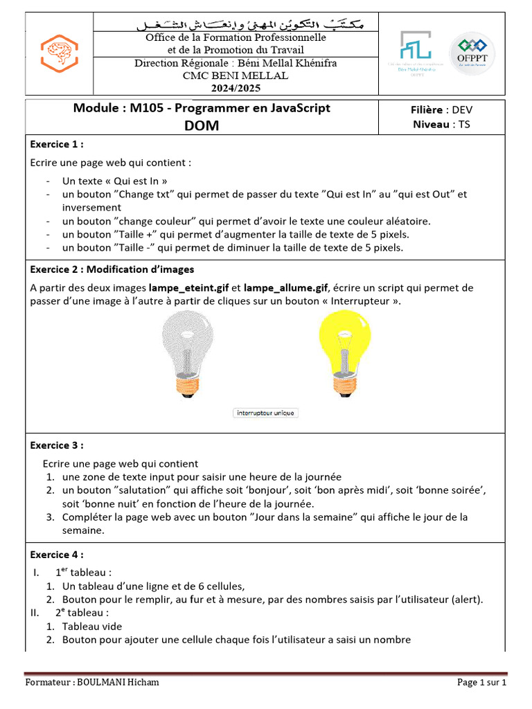 Exercices de programmation DOM en JS | PDF