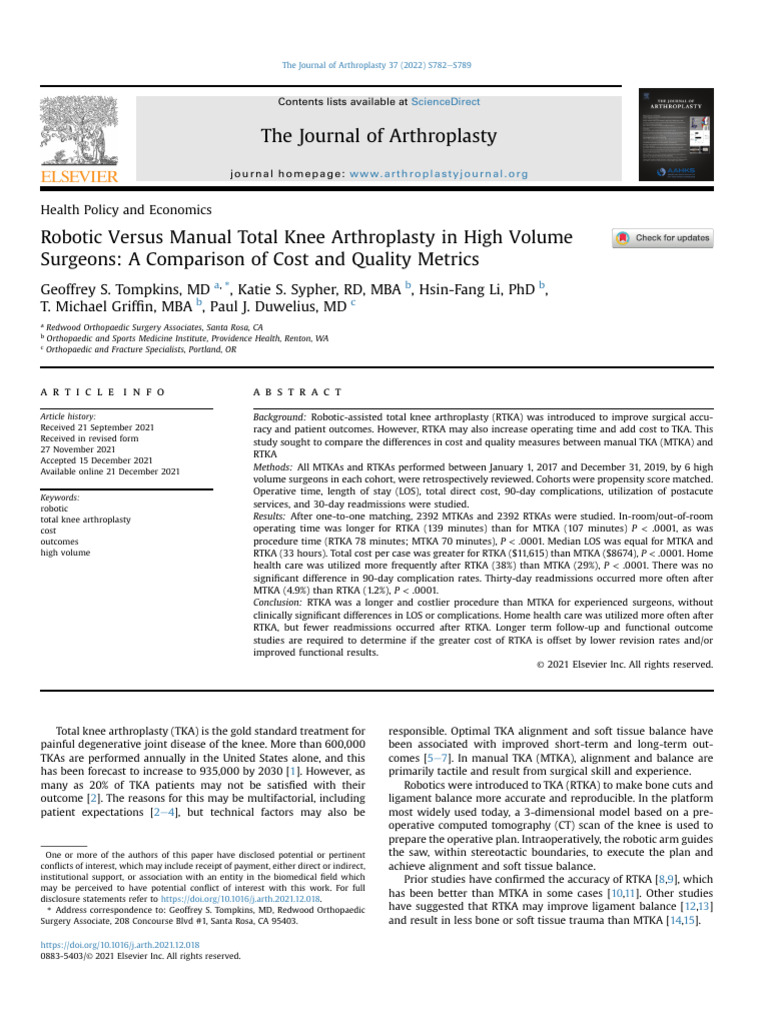 Robotic Versus Manual Total Knee Arthroplasty in H | PDF | Orthopedic ...