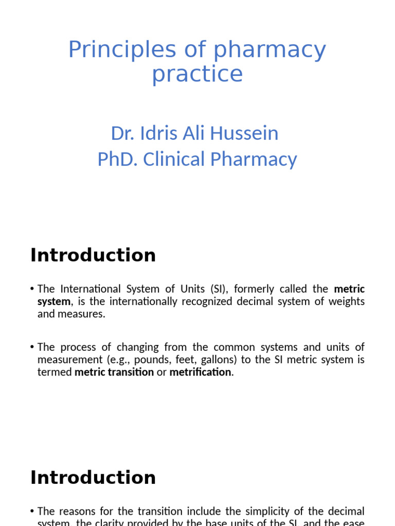 Principles of Pharmacy Practice: Dr. Idris Ali Hussein Phd. Clinical ...