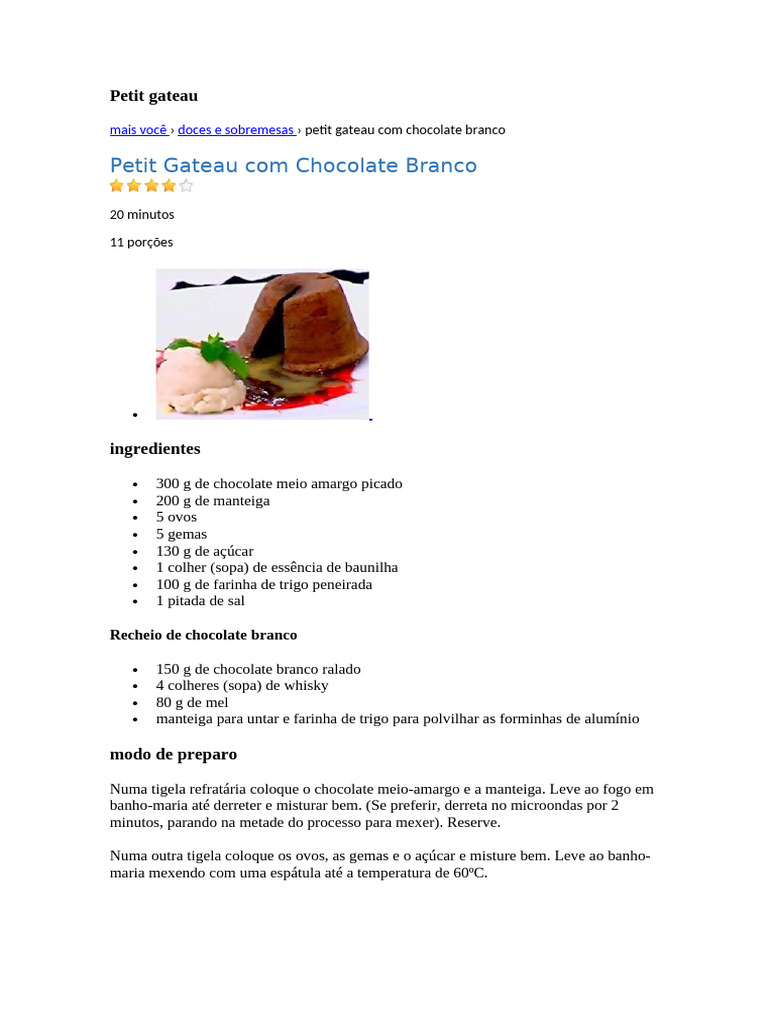 Petit Gateau de Chocolate Branco | PDF