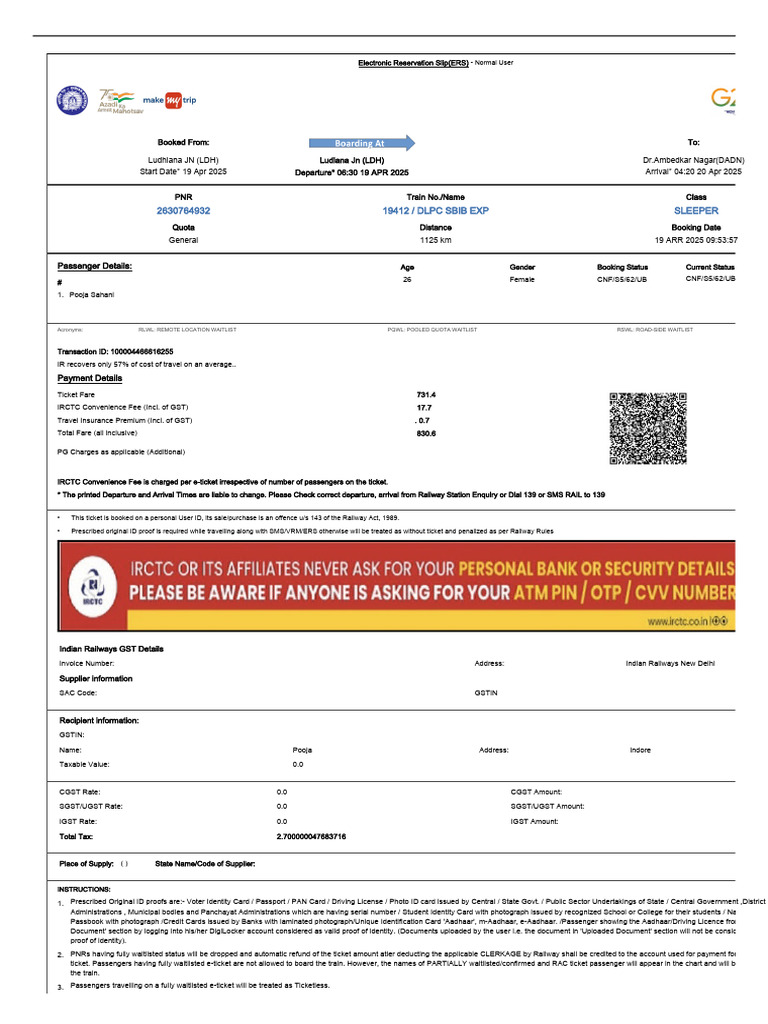 Electronic Reservation Slip for Train Ticket | PDF | Identity Document