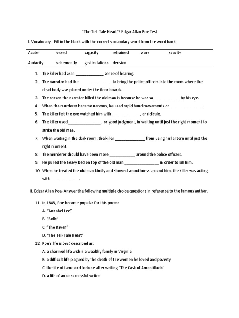 The Tell Tale Heart Test Edgar Allan Poe