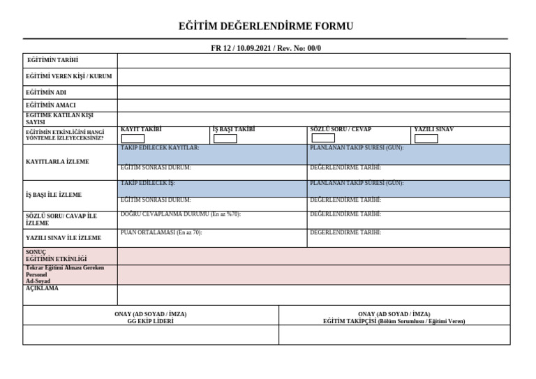 FR 12 Eğitim Değerlendirme Formu | PDF