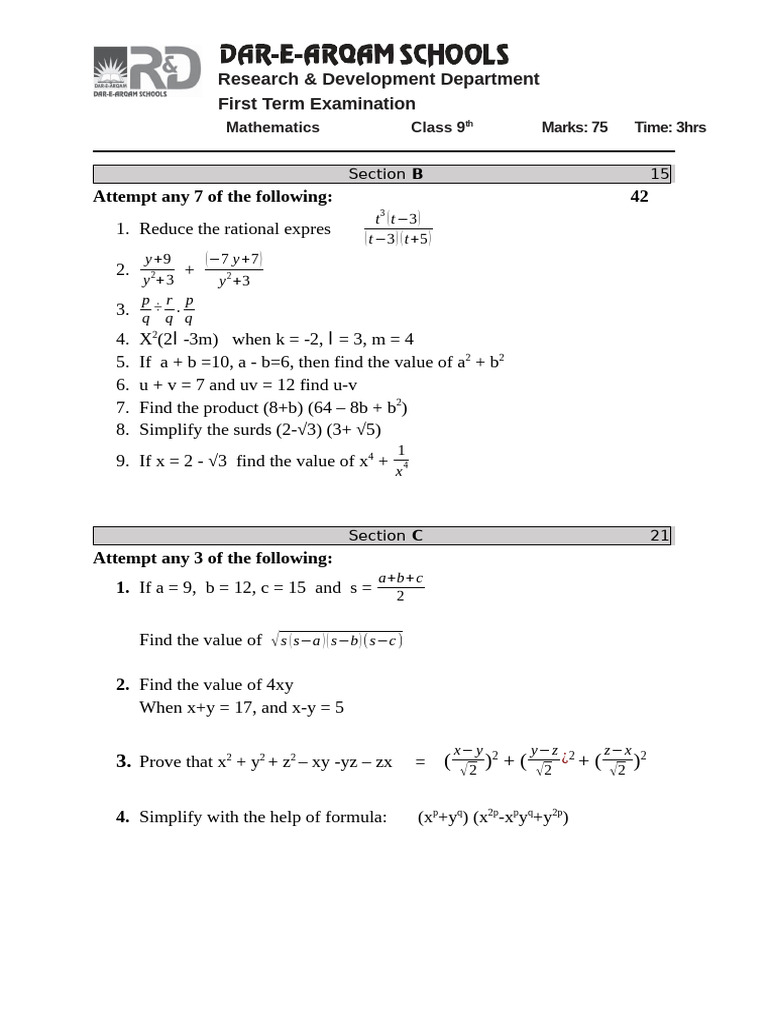 Class 9 Mathematics Exam Paper | PDF