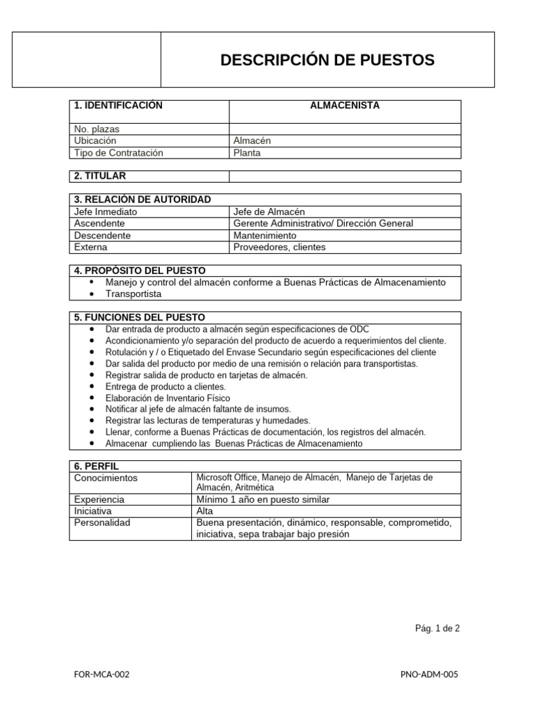 Descripción del Puesto: Almacénista | PDF