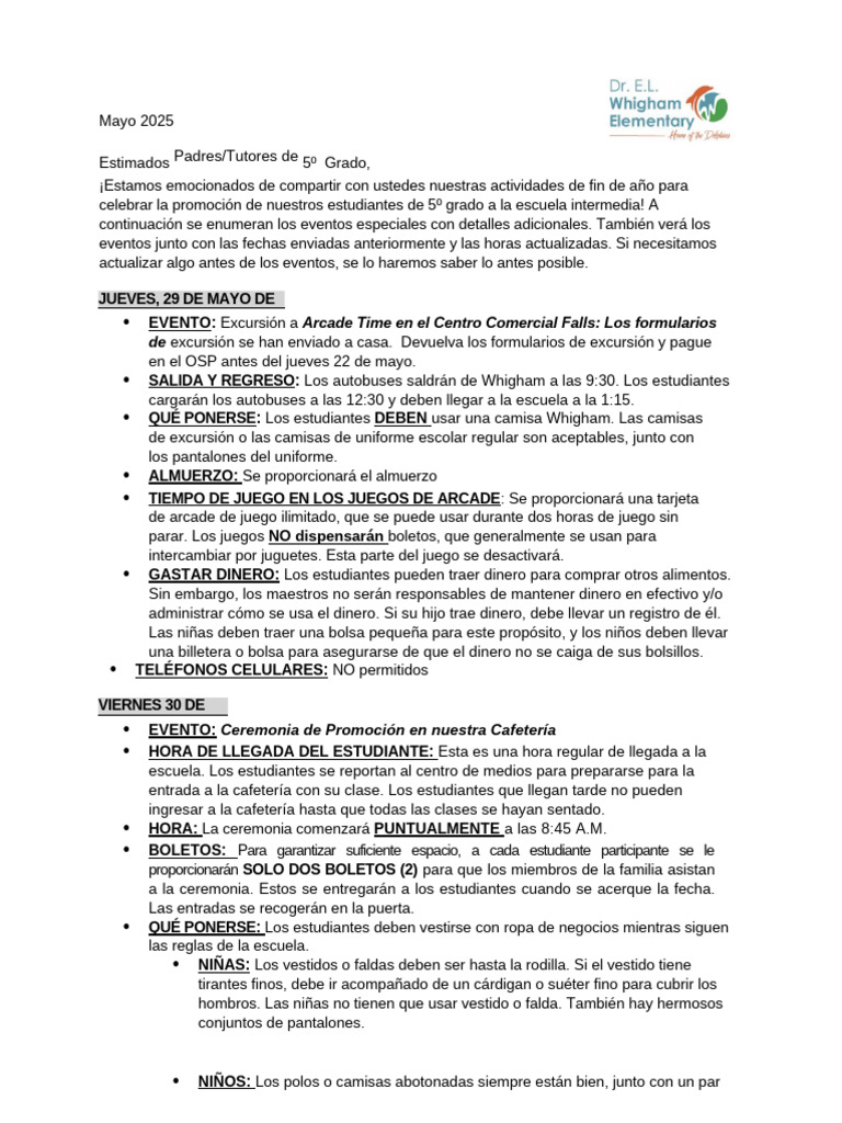 5th Grade Letter To Parents Eoy 2025 Final Version Spanish | PDF ...