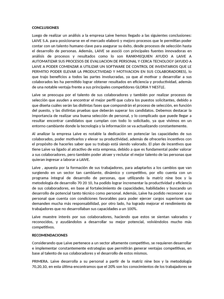 Conclusiones Laive Material | PDF | Gestión de recursos humanos | Business