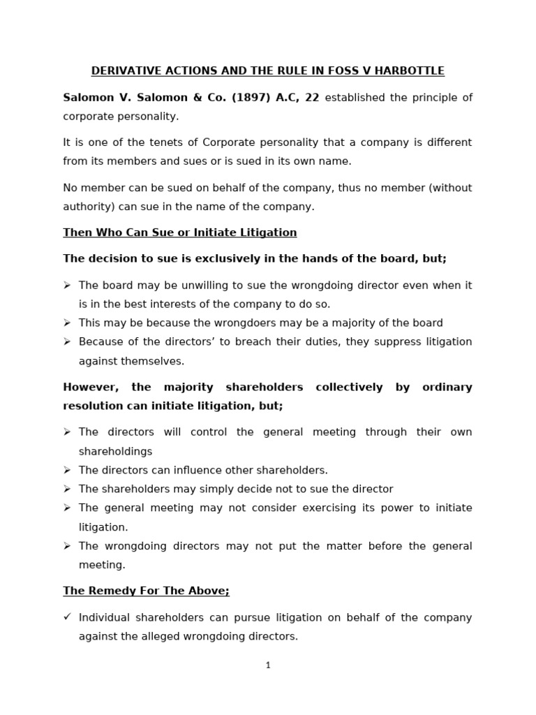 Derivative Actions in Corporate Law | PDF | Lawsuit | Civil Law (Legal ...