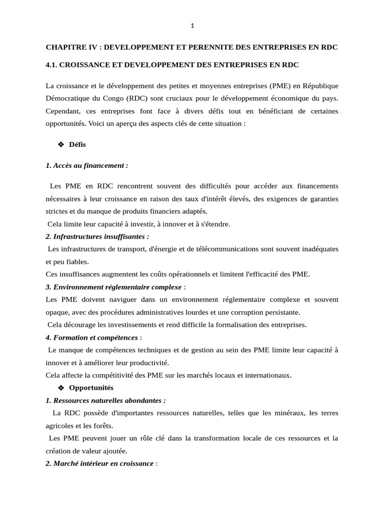 Développement et pérennité des PME en RDC | PDF | Développement durable ...