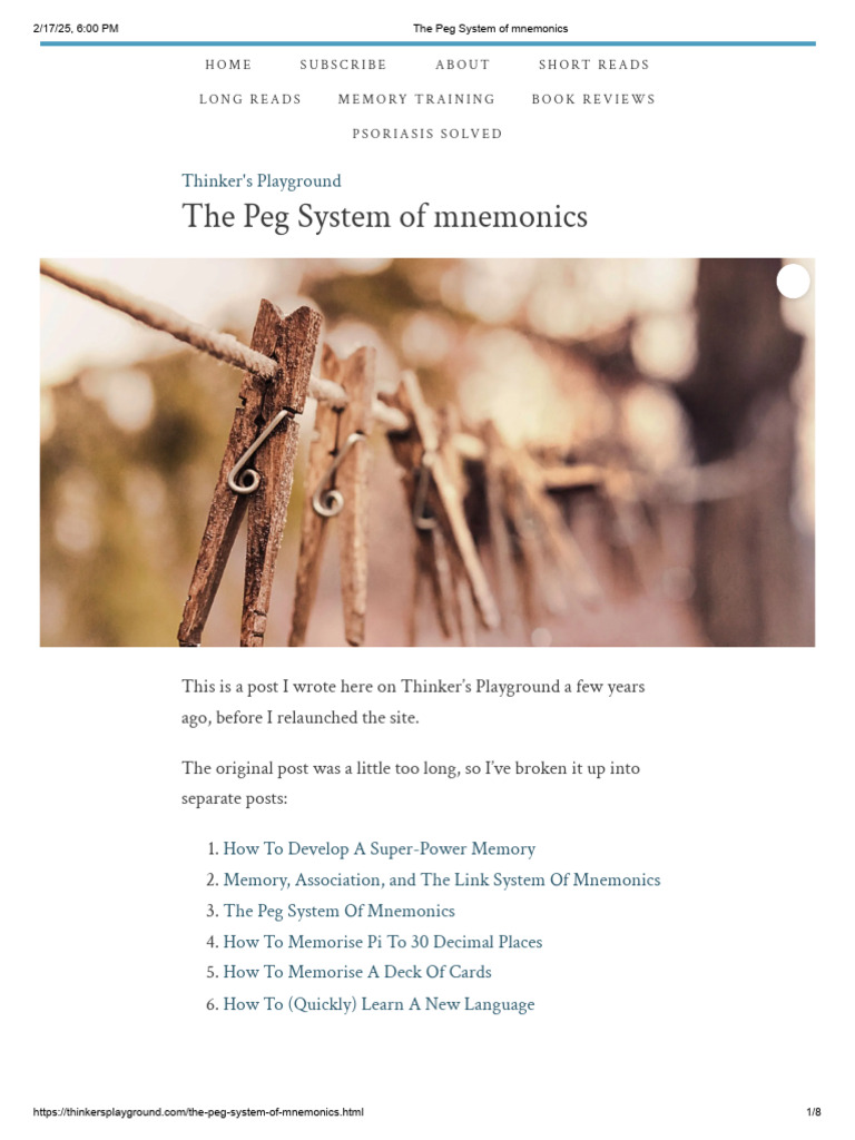 The Peg System of Mnemonics Explained | PDF | Mnemonic | Memory