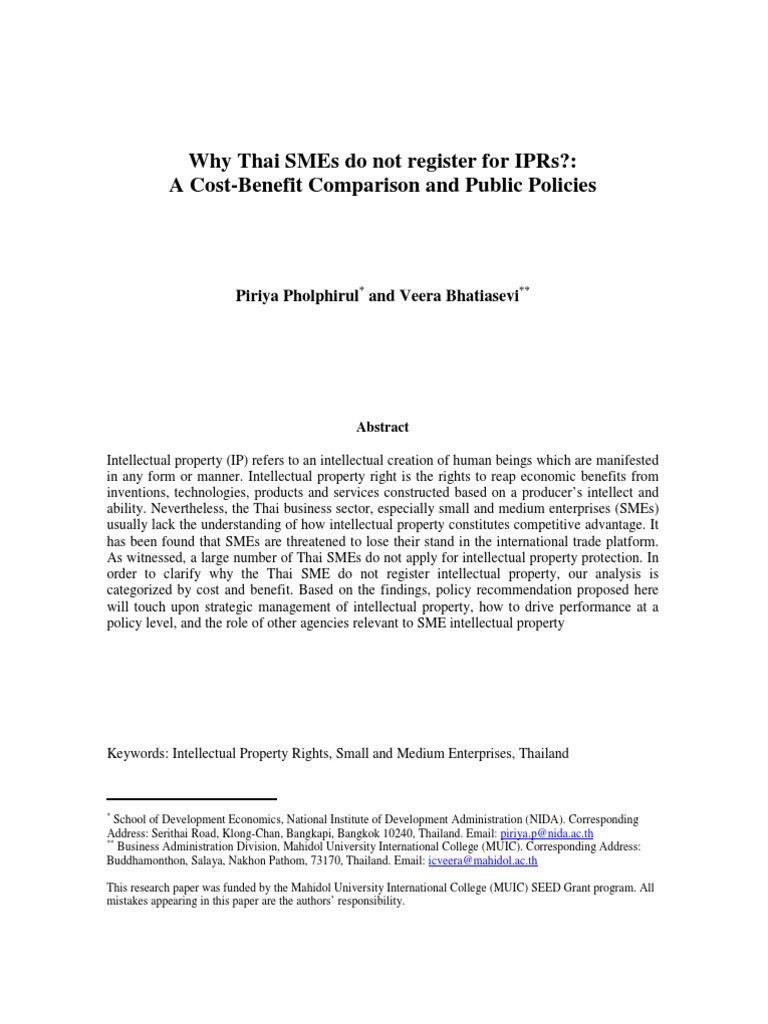 Why Thai SMEs Do Do Not Register For IPRs Intellectual Property 