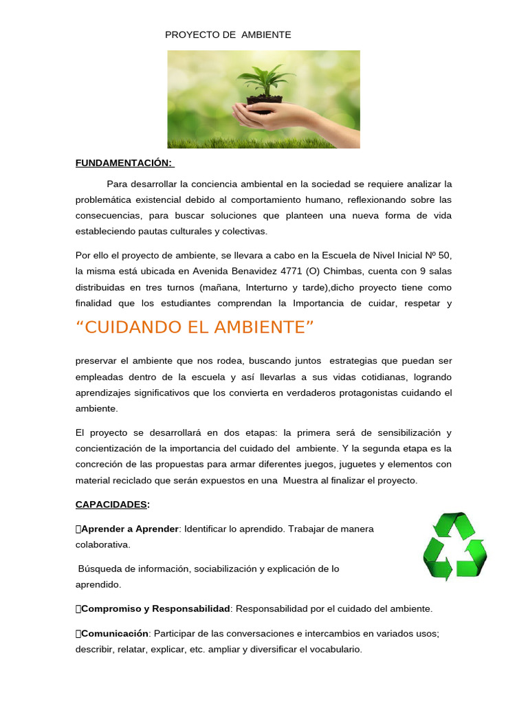 Proyecto de Cuidado del Ambiente Inicial | PDF | Residuos | Reciclaje