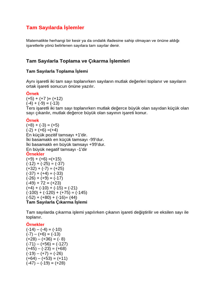 01-Matemati̇k-7.1 Tam Sayilar | PDF