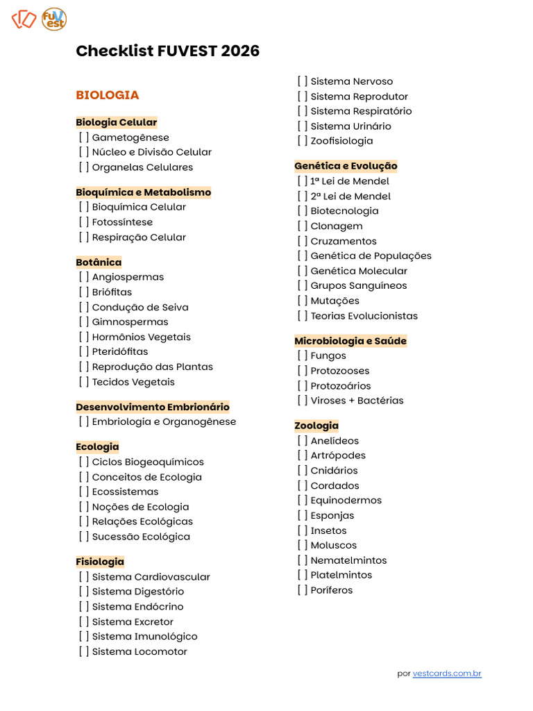 Checklist Completo FUVEST 2026 | PDF | Trigonometria | Funções ...