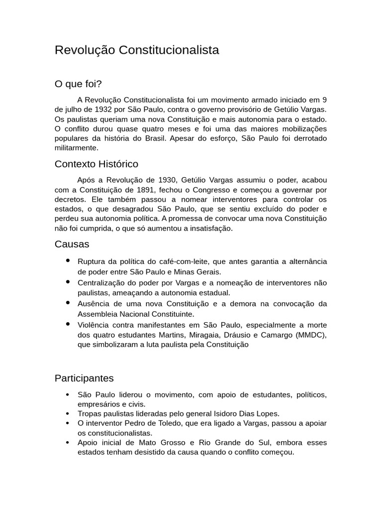 Revolução Constitucionalista de 1932: Causas e Consequências | PDF ...