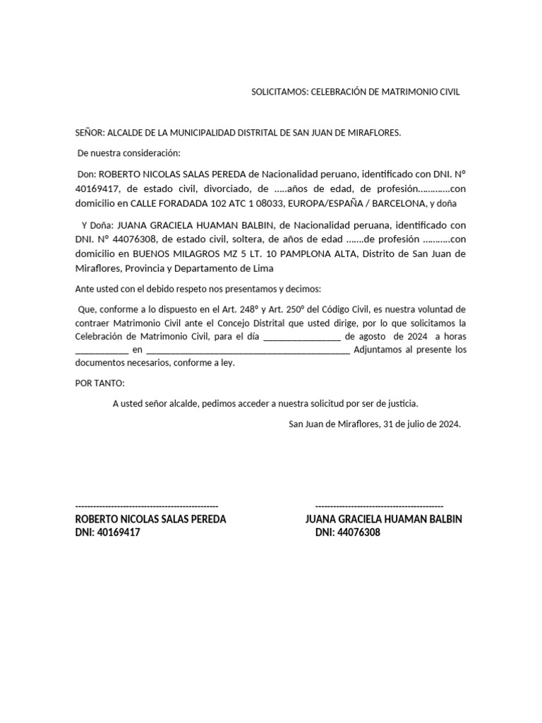 Solicitud de Matrimonio Civil en Perú | PDF