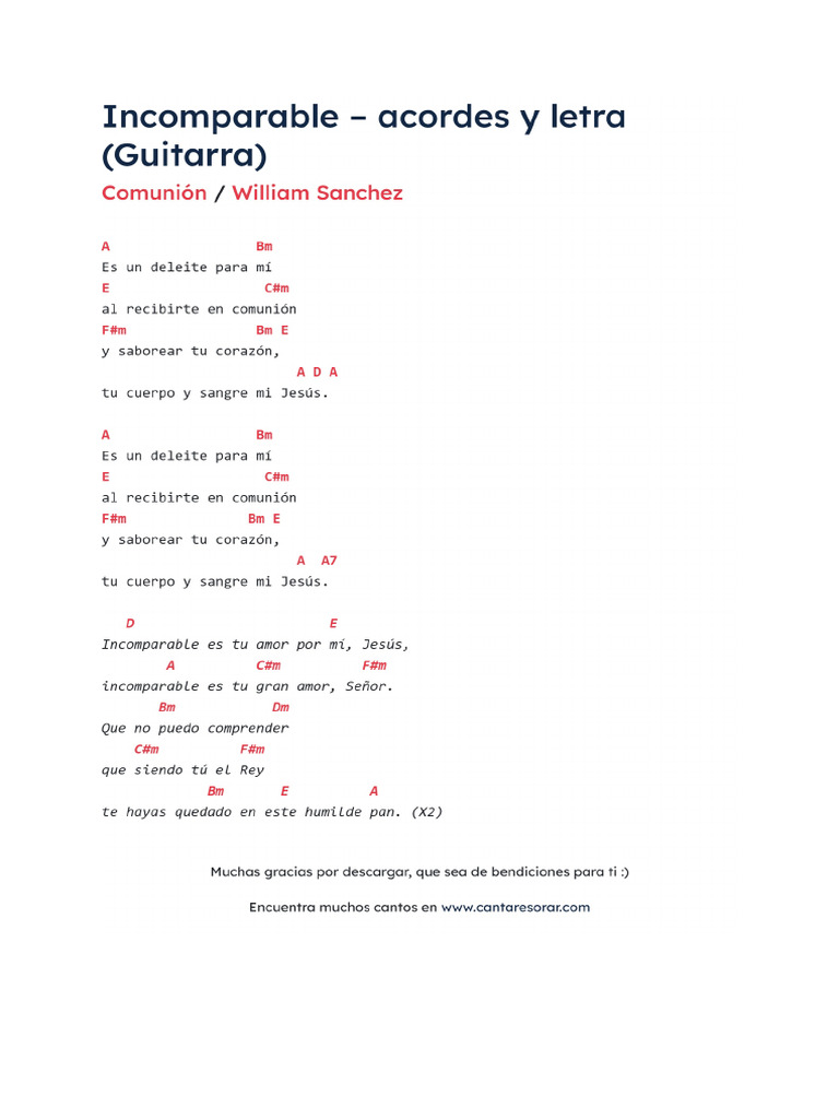 Incomparable - Acordes y Letra (Guitarra) | PDF