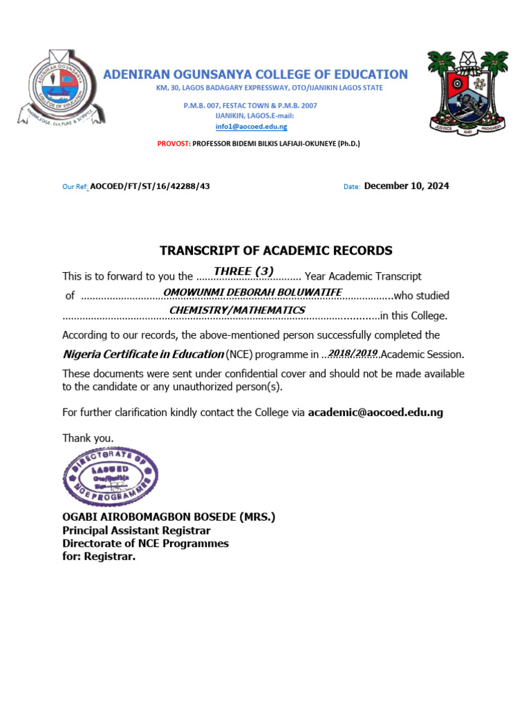 AOCOED NCE Certificate Transcript | PDF | Mathematics | Chemistry