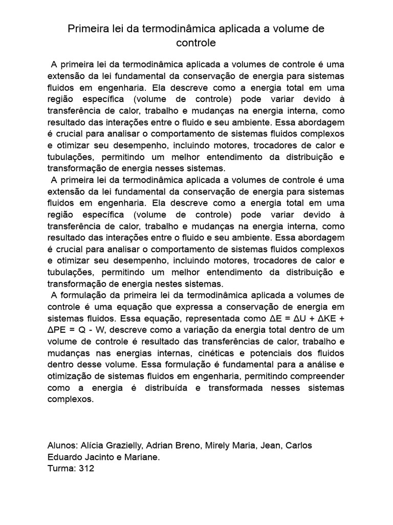 Primeira Lei Da Termodinâmica Aplicada A Volumes de Controle | PDF