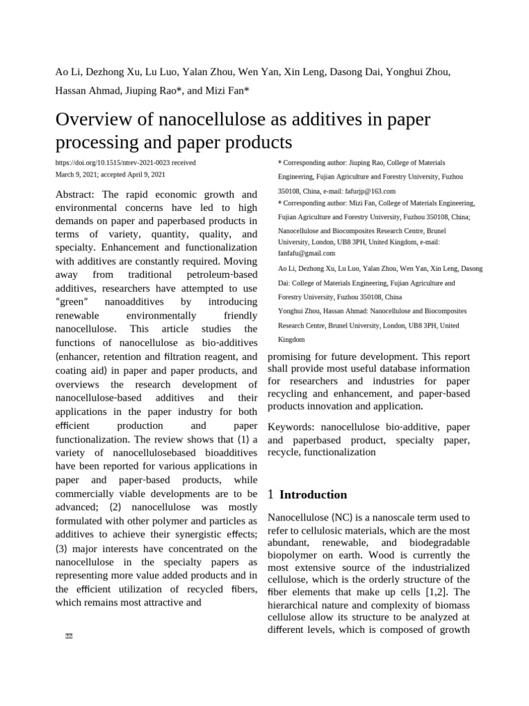 Nanocellulose Additives in Paper Products | PDF | Cellulose | Paper