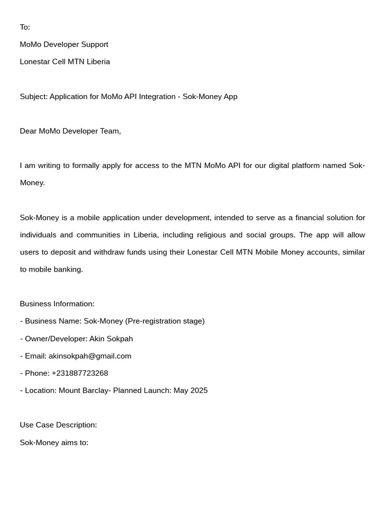 Sok-Money Updated MTN MoMo Application Letter | PDF