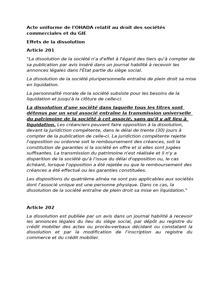 Effets de la dissolution en droit OHADA | PDF