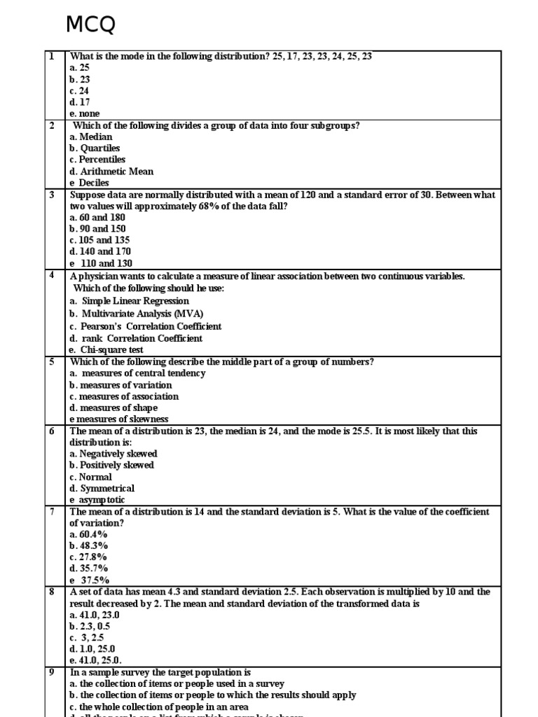 Biostatistics MCQ Correlation And Dependence Skewness