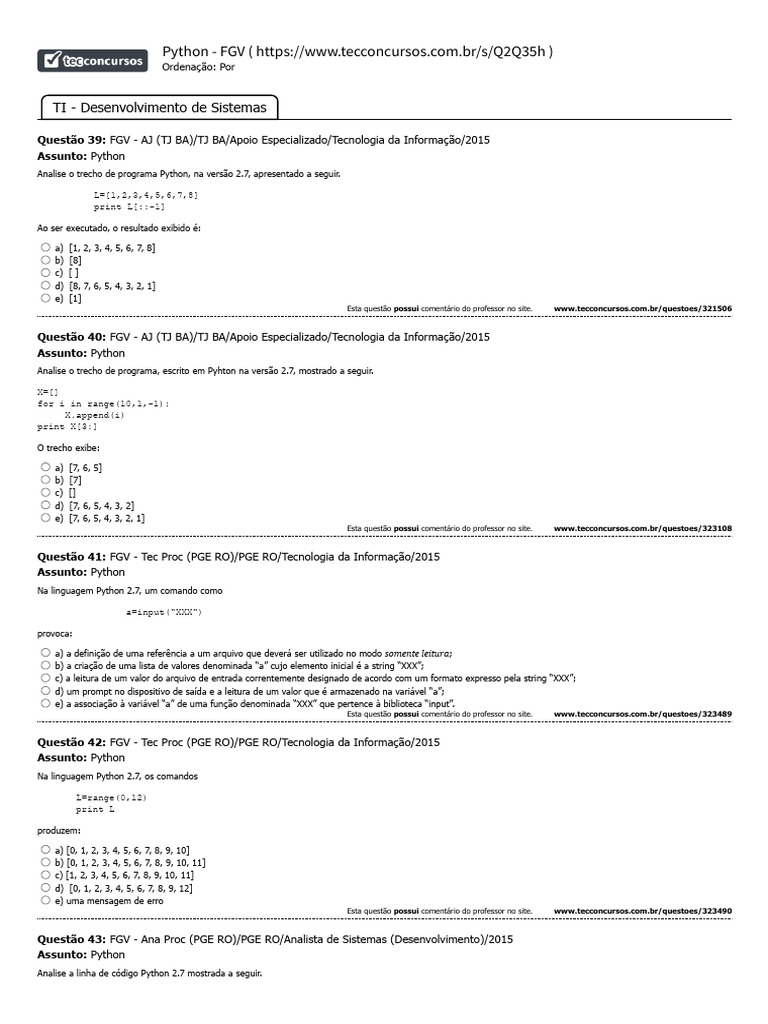 Questões sobre Python 2.7 - FGV | PDF | Python (linguagem de ...