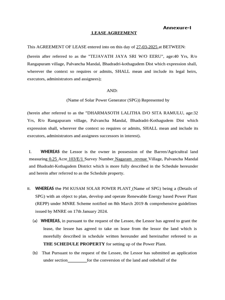 Solar Lease Agreement for Power Plant | PDF | Lease | Renting