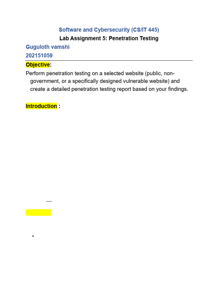Penetration Testing Lab Report | PDF | Penetration Test | Security