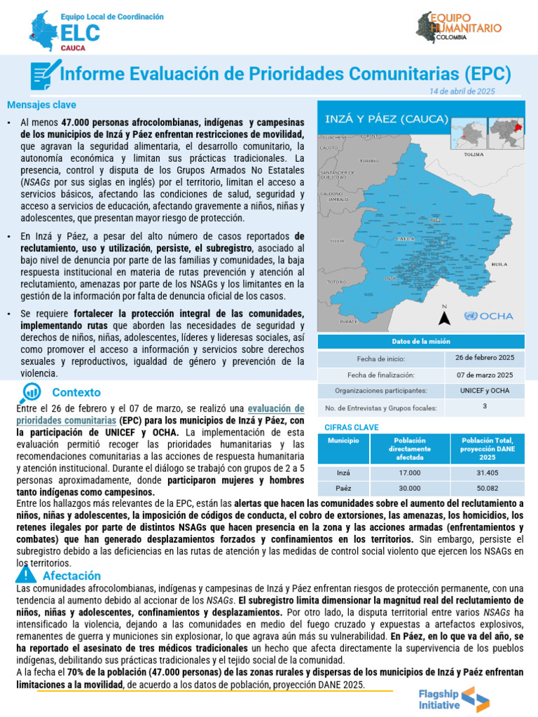 Crisis humanitaria en Inzá y Páez 2025 | PDF | Unicef | Violencia
