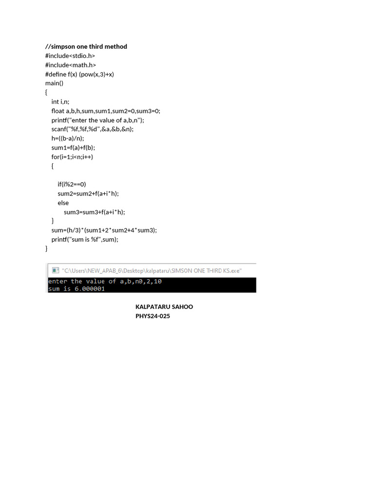 Simpson's One-Third Method in C | PDF