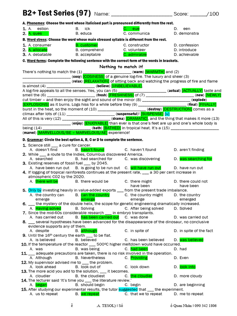 B2+ English Test Series: Phonetics & Grammar | PDF