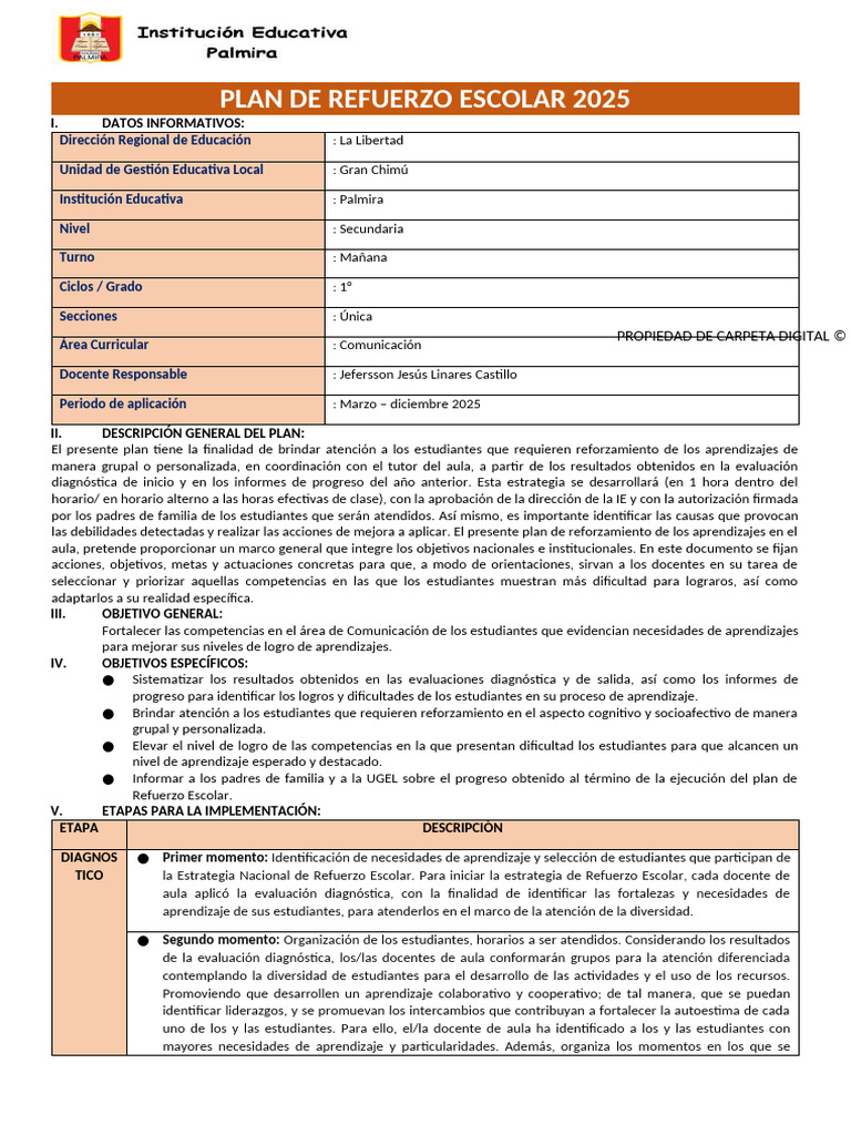 Plan de Refuerzo Escolar 2025 en Comunicación | PDF | Evaluación ...