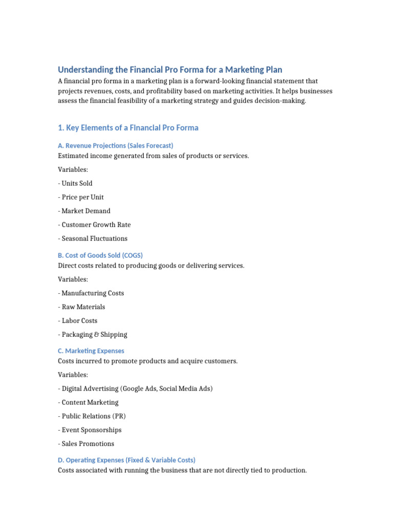 Financial Pro Forma for Marketing Plans | PDF | Revenue | Business ...