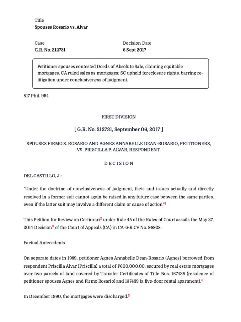 Rosario vs. Alvar: Mortgage vs. Sale Dispute | PDF | Mortgage Law ...
