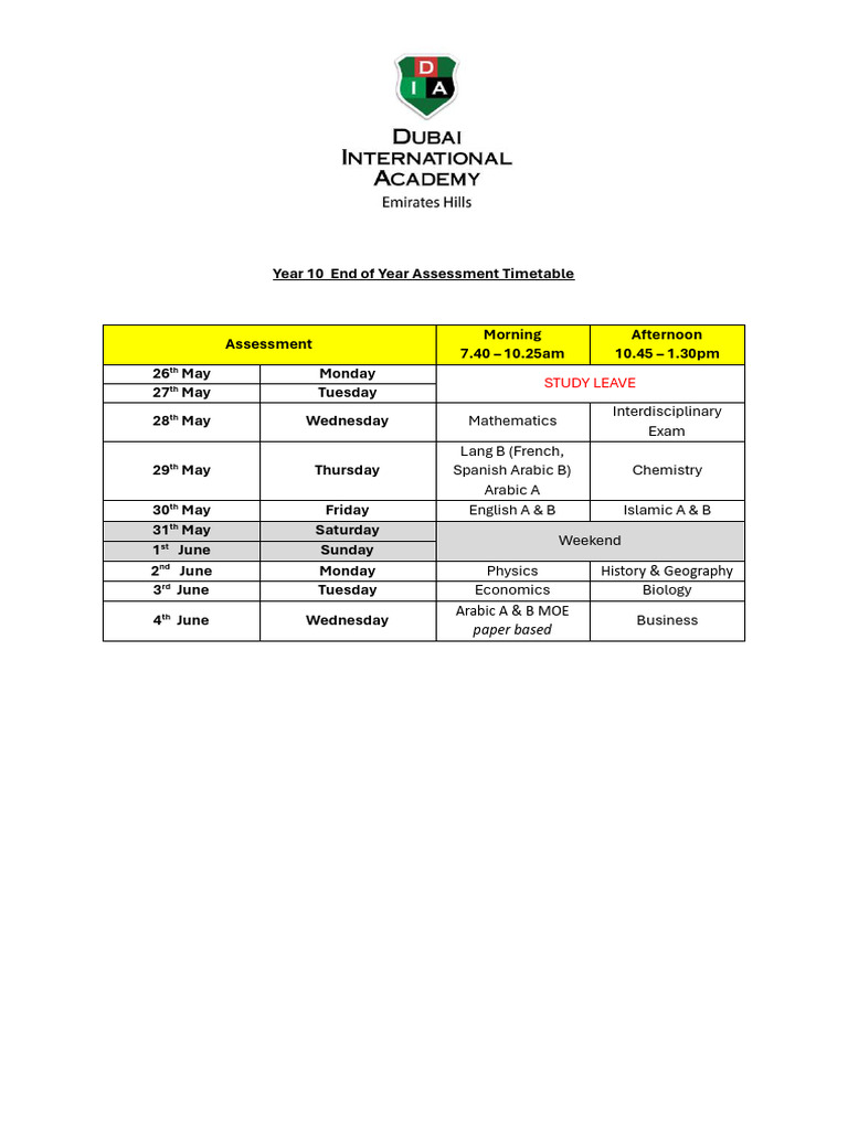Year 10 MYP Assessment Schedule - Parents | PDF