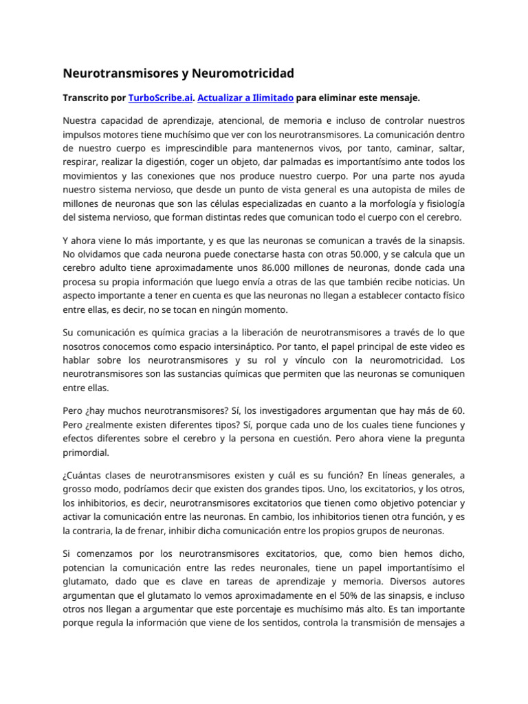 Neurotransmisores y Neuromotricidad | PDF | Sinapsis | Neurona