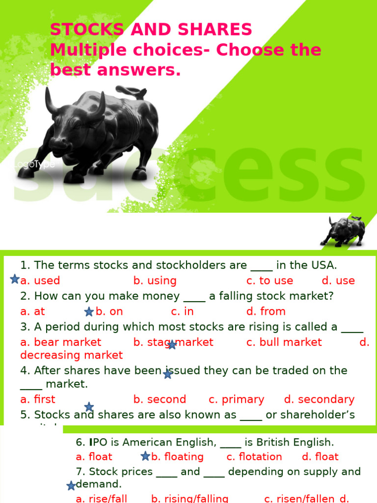 Stocks and Shares Quiz Questions | PDF | Stocks | Initial Public Offering