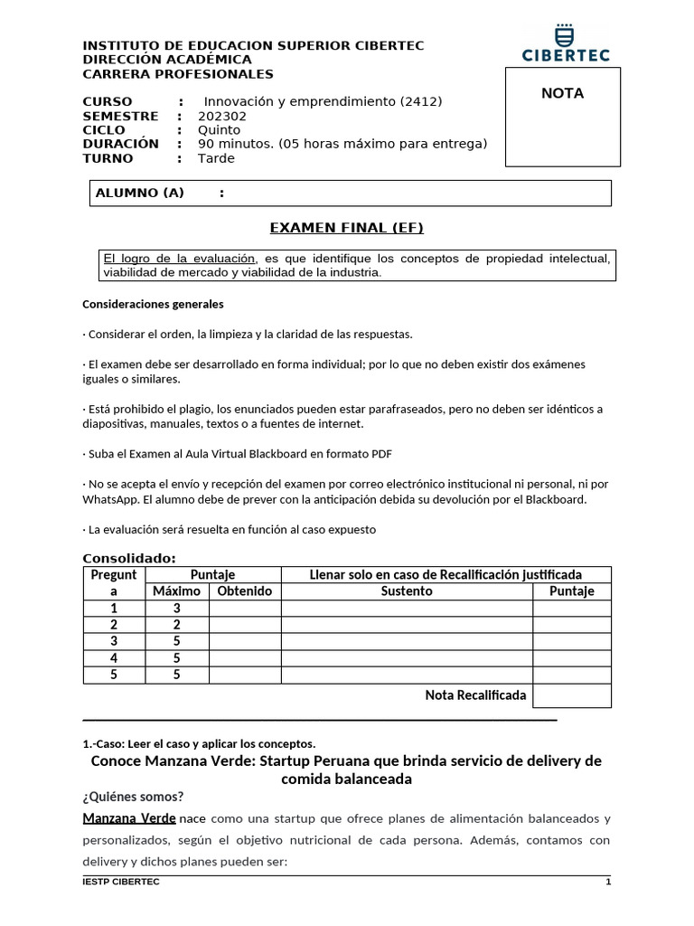 Examen Final Innovación Y Emprendimiento Pdf Nutrición Dieta Y