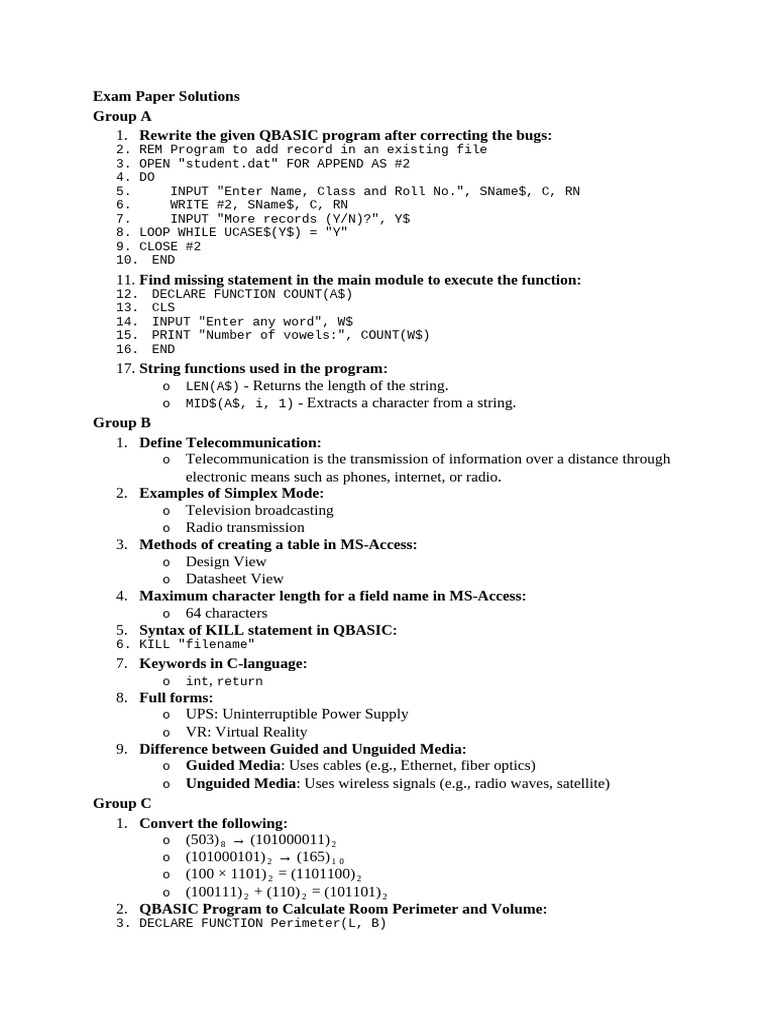 Exam Solutions for QBASIC and DBMS | PDF | Computing | Telecommunications