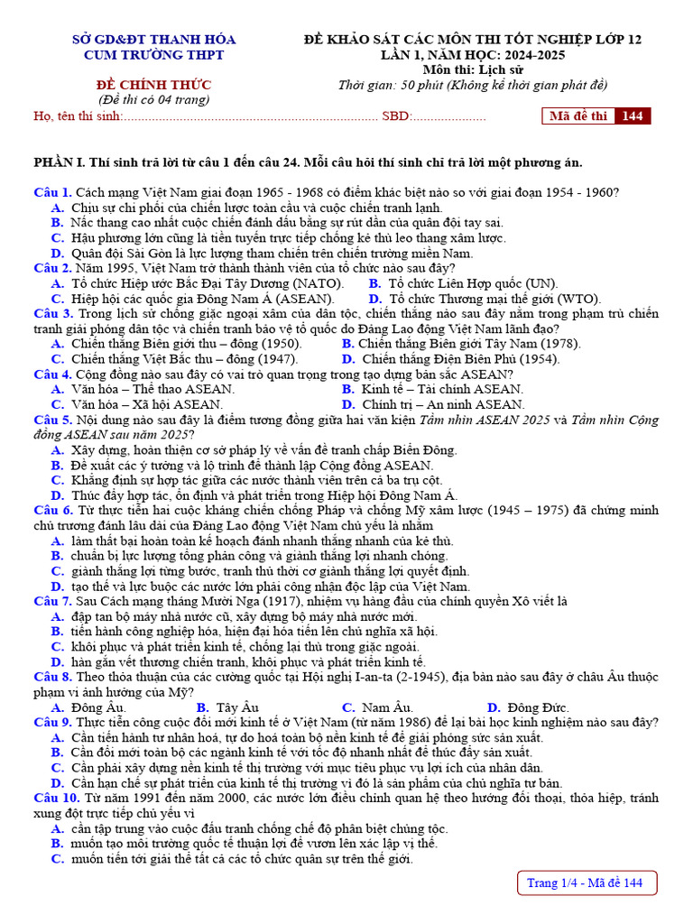 De Khao Sat Thi TN THPT 2025 Mon Lich Su Lan 2 Cum Truong THPT Thanh ...