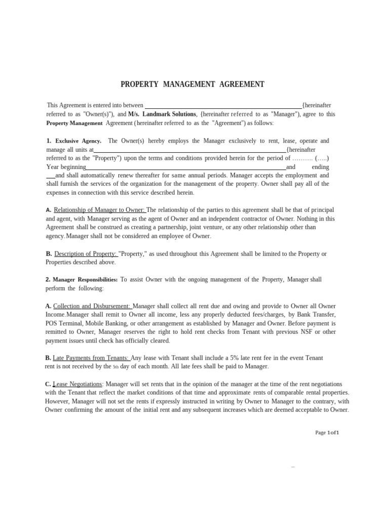 Property Management Agreement Template | PDF | Lease | Indemnity