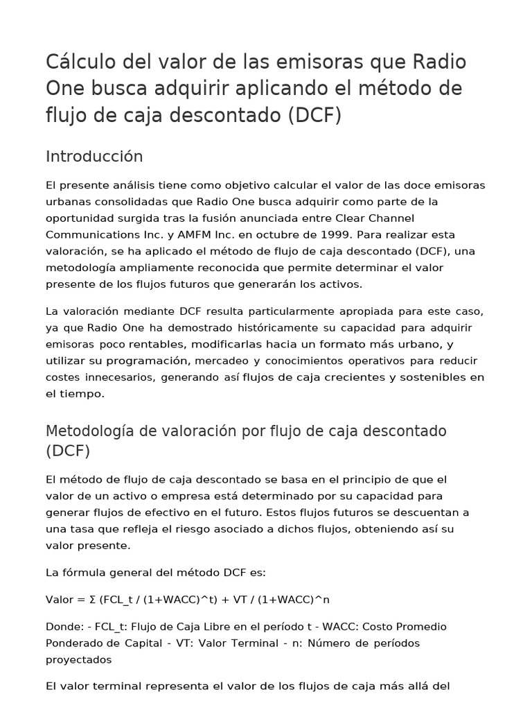 Valoración DCF de emisoras para Radio One | PDF | Flujo de caja ...