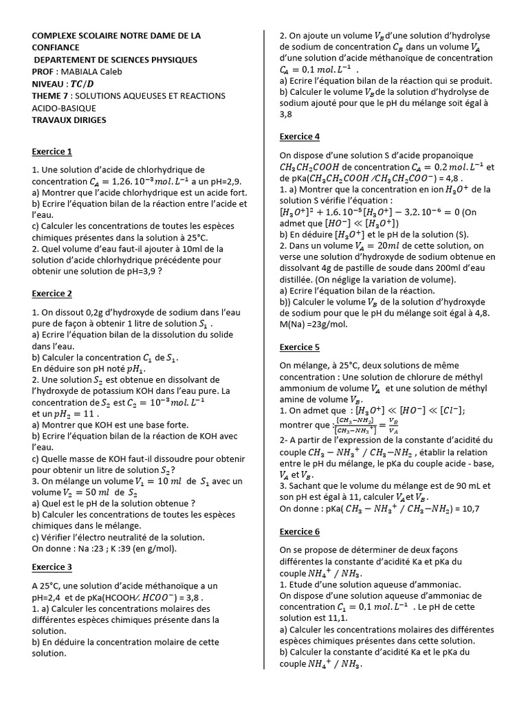 Solutions aqueuses et réactions acido-basiques | PDF | Ph | Acide