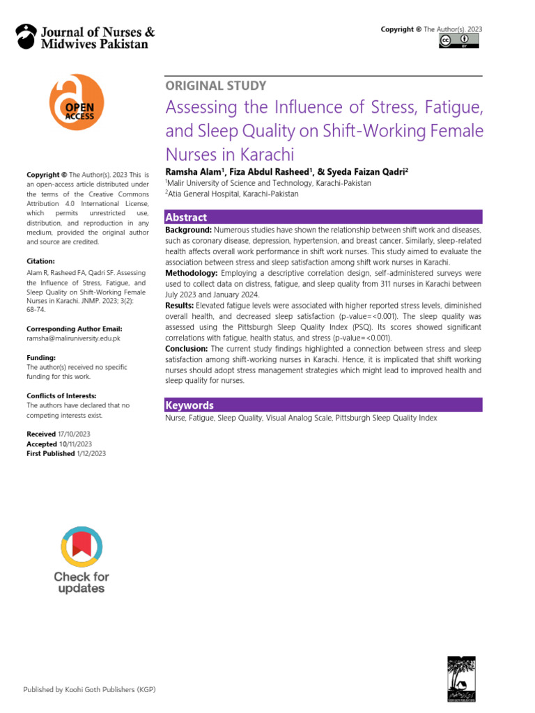 Stress and Sleep Quality in Karachi Nurses | PDF | Shift Work | Sleep