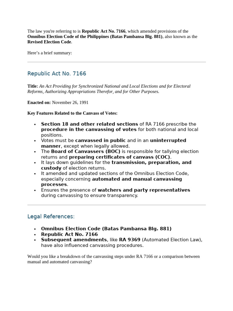 Overview of Republic Act No. 7166 | PDF